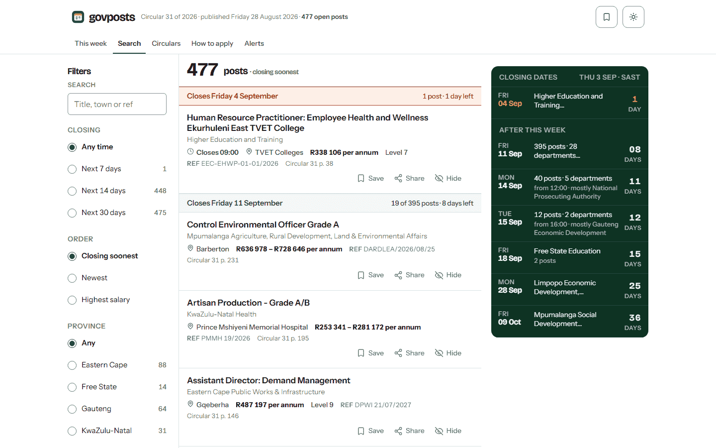 The GovPosts jobs page: a search box, province and category filters, and a list of government vacancies with closing dates and reference numbers